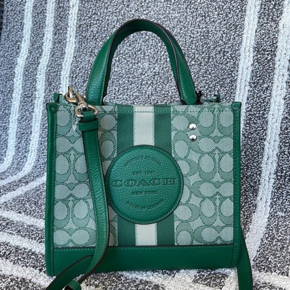 Coach Dempsey Tote 22 In Signature Jacquard With Stripe And Coach Patch Green